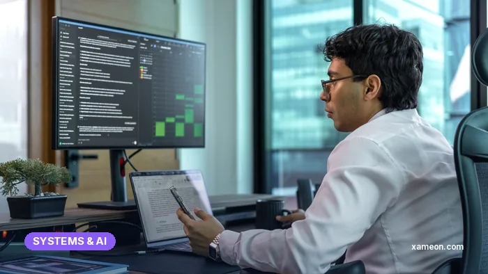 Operations analyst working with data dashboards on screens in an office.