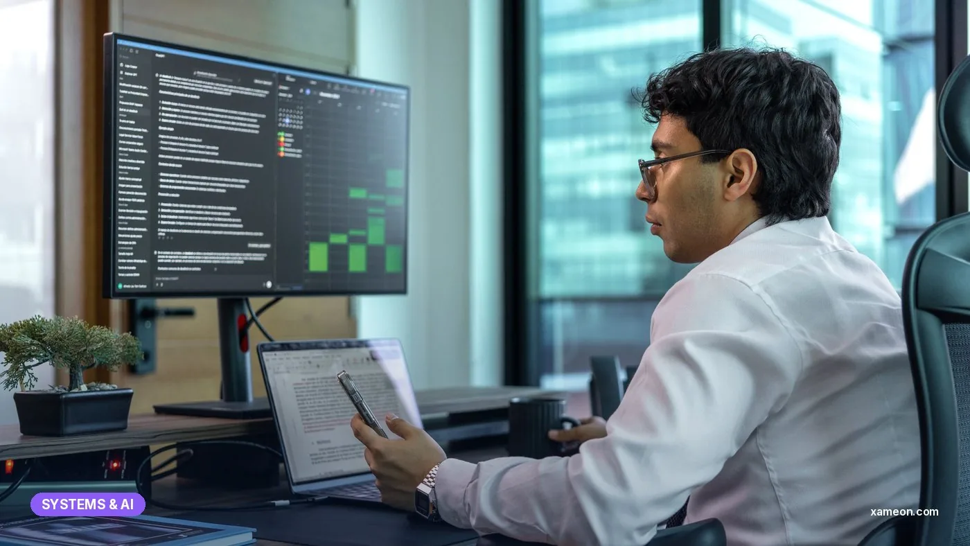 Operations analyst working with data dashboards on screens in an office.