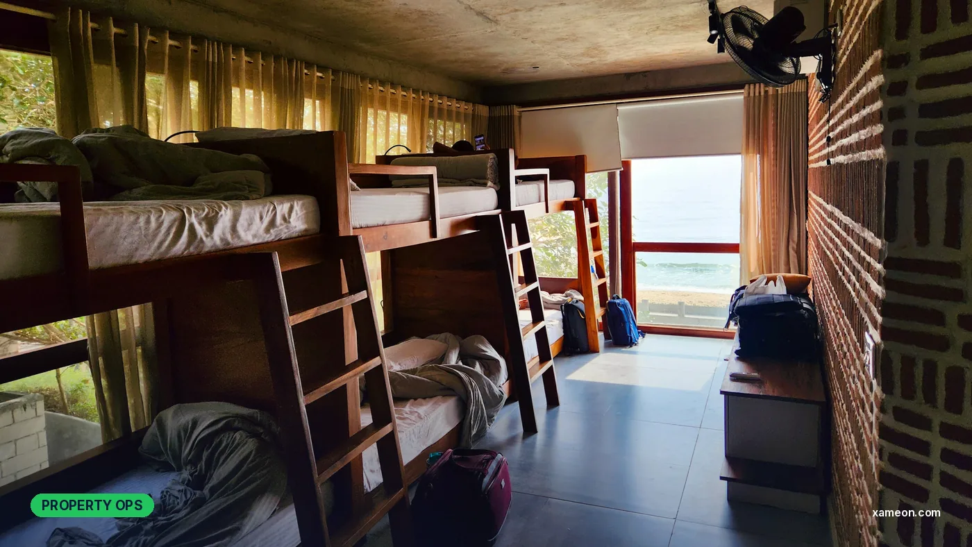 Shared hostel room with wooden bunk beds, a wall fan and a window facing the sea.