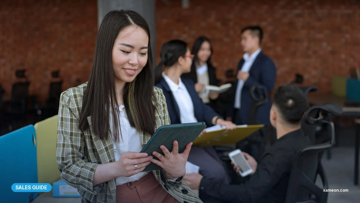 Saleswoman reviewing a quotation on a tablet with colleagues nearby.