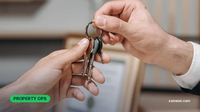 Property manager handing apartment keys to a new tenant.