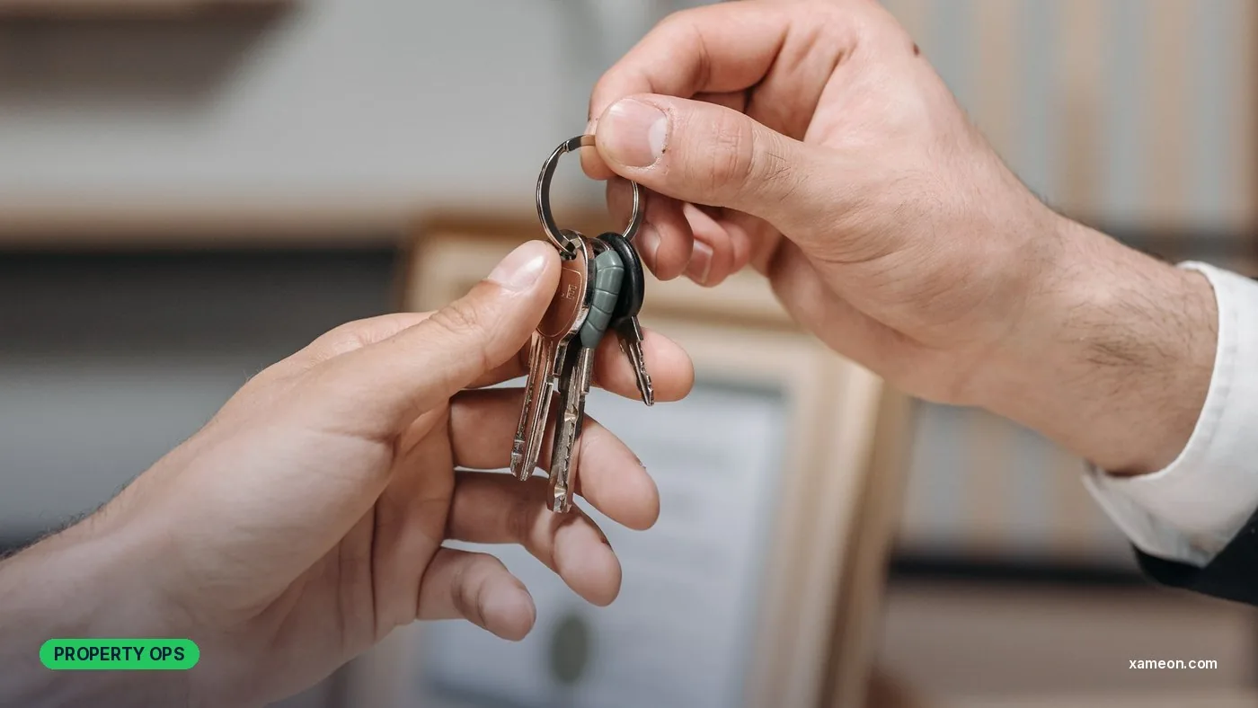 Property manager handing apartment keys to a new tenant.