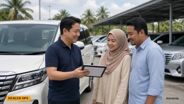 Car salesperson showing a tablet to a couple beside a white Toyota Alphard in an outdoor used car yard.