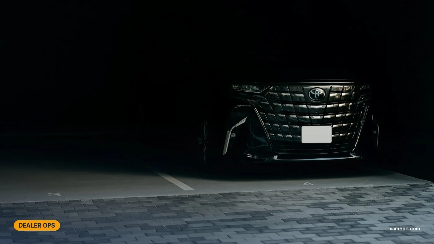 Black Toyota Alphard luxury MPV parked in a dimly lit garage.