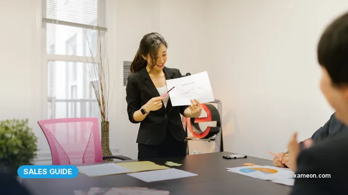 Manager presenting sales charts to her team in a bright office meeting.
