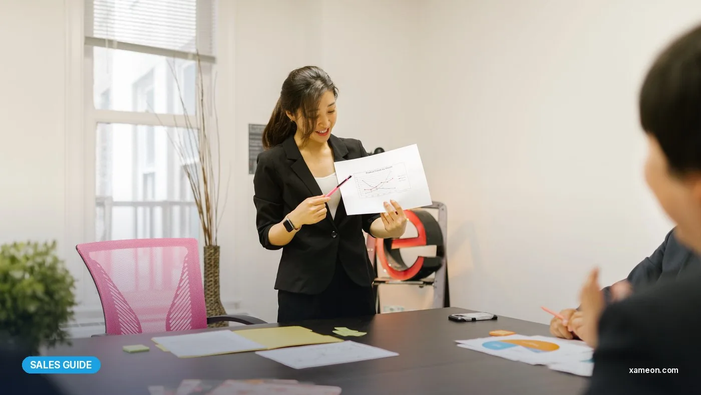 Manager presenting sales charts to her team in a bright office meeting.