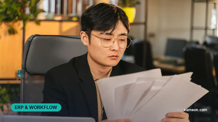 Asian businessman at his desk sorting through a stack of paper reports.
