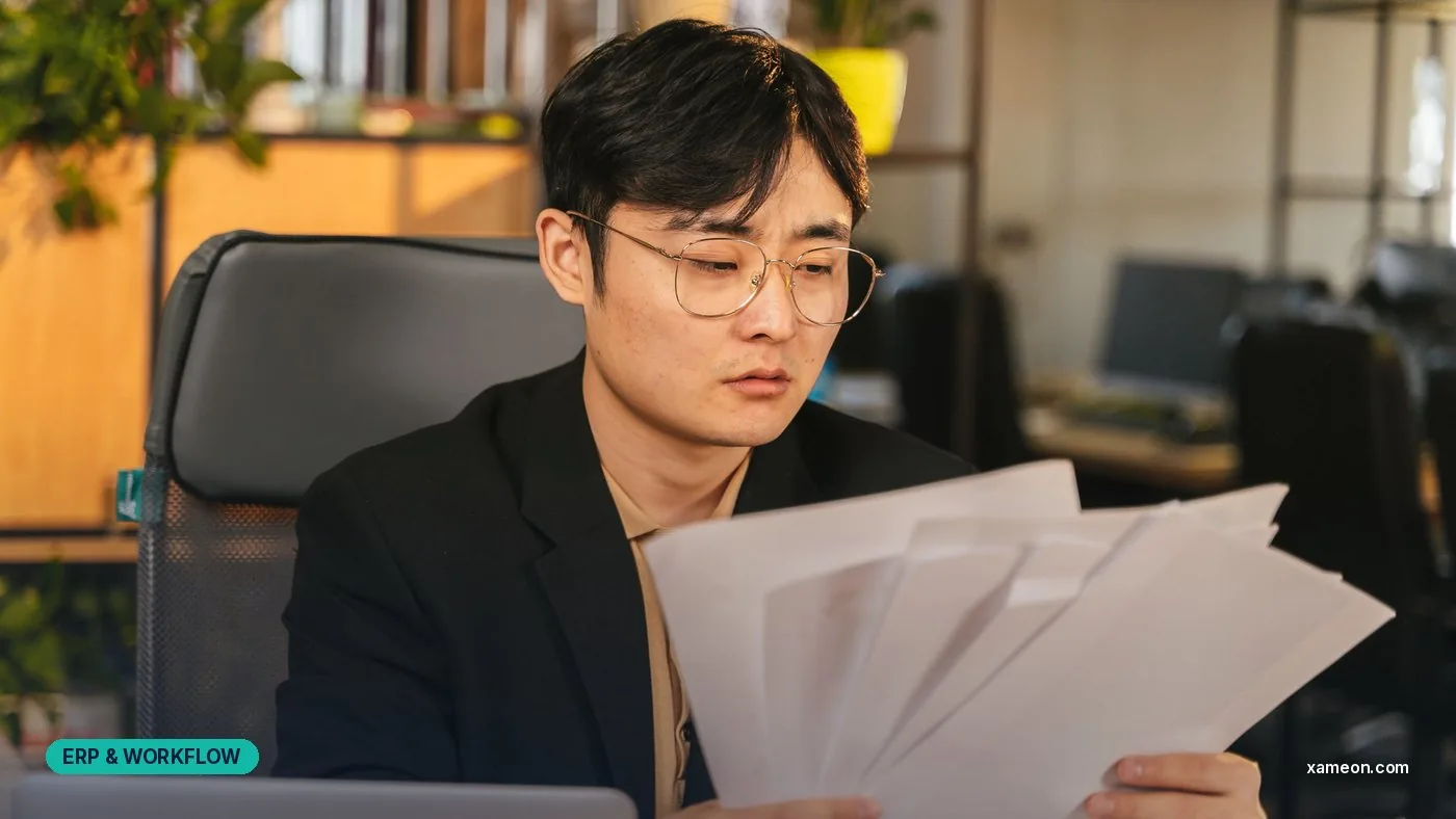 Asian businessman at his desk sorting through a stack of paper reports.